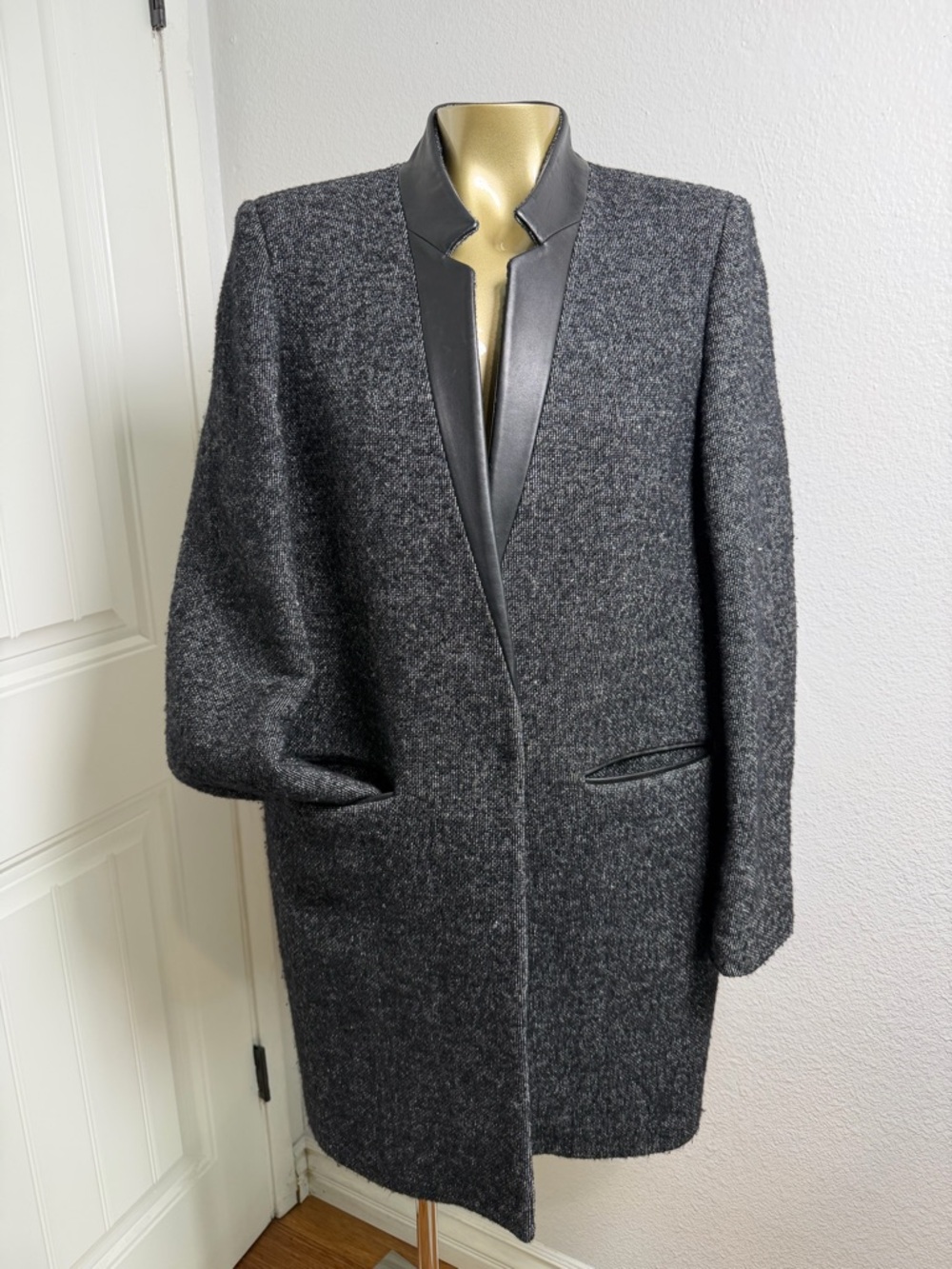 Sandro Charcoal Gray Wool-Blend Pea Coat with Black Leather Trim